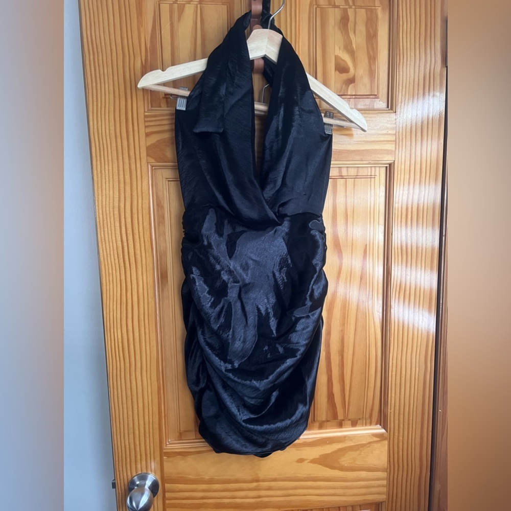 Shiny Satin black mini halter dress